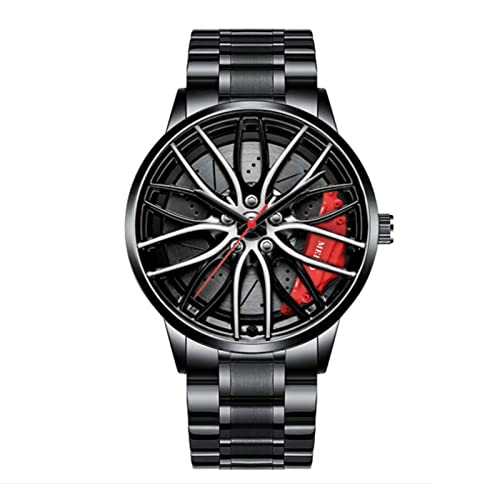 Singular-Point Men's Car Watch, Water Resistant Stainless Steel Automatic Quartz Movement Watch with Wheel Rim Hub Design Men's Wheel Non-Mechanical Watch