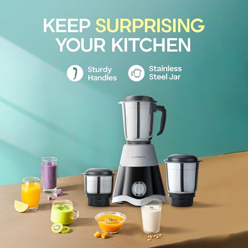 Longway Super Dlx Mixer Grinder | Up to 700 Watt Powerful Motor | 3 Jars for Grinding, Mixing, Juicing | 2 Year Warranty (Black & Gray, 3 Jars)