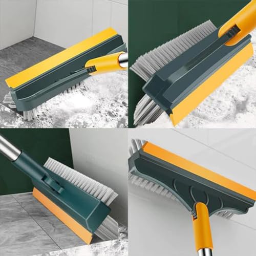 Image of 3 in 1 Scrub Bathroom Cleaning Brush with Wiper Tiles Floor Scrub with Long Handle 180 Rotate Floor Home Kitchen