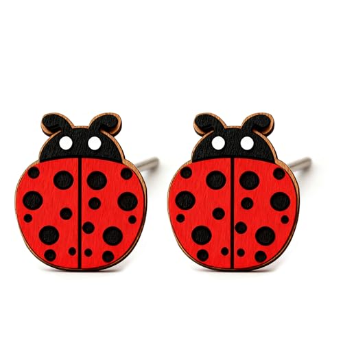 Ladybug Earrings Wood Stud Earrings for Women Ladybug Gifts for Women Handmade Wooden Jewelry Quirky Cute Stud Funny 3D Animal Hypoallergenic Earring Christmas Gifts for Ladybugs Lovers