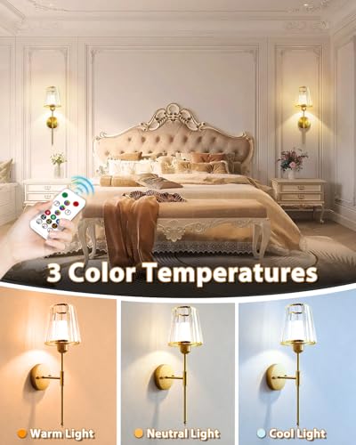 Image of Adetu 19.3 Inch Crystal Battery Operated Wall Sconces Set of 2 | 10000mAh Magnetic Bulbs, 5%-100% Dimmable, RGB Rechargeable Battery Wall Sconce with Remote Control for Bedroom Decor