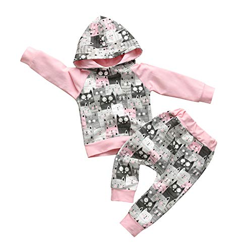 Cute Baby Girl Clothes Long Sleeve Cartoon Cat Printed Hoodie Sweatshirt and Pants Outfit Sets (0-6 Months) Pink