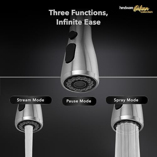 Image of Hindware Italian Collection Pull Down Kitchen Sink Faucet | Kitchen Sink Mixer | Deck Mount Installation | Made of SS | Dual Mode - Spray & Stream | Min. 3-Bar Water Pressure Required