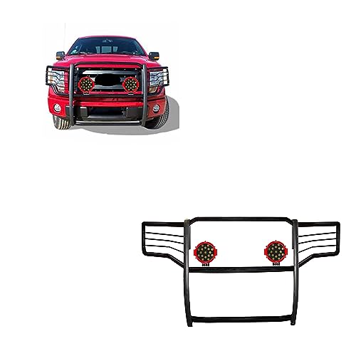 Image of Black Horse Grille Brush Bumper Guard Modular Black Come with Pair of 7.0 inch Dia.LED Lights with Red Trim Rings Compatible with 2011-2016 Ford F-250 /F-350 /F-450 /F-550 Super Duty-17FB26MA-PLR