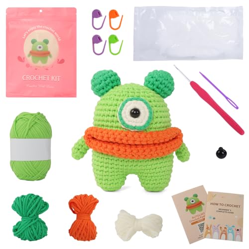 Image of Autglint Monster Crochet Kit for Complete Beginners, Amigurumi Animal Starter Kit with Detailed Video Tutorials, Learn to Crochet Kit with Non-Split Pre-Started Yarn - Green Monster