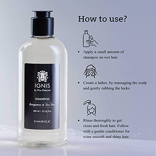Image of Kimirica Ignis Bergamot and Tea Tree Shampoo For Men, made with Naturally Derived Extracts for All Hair Types, 100% Vegan, Paraben and SLS Free, 300ml