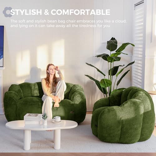 Image of MAXYOYO Bean Bag Chair for Adults, Floral Shaped Bean Bag Sofa, Ultra Soft Faux Fur Floor Sofa, Large Reading Chair for Living Room Bedroom, Green, Single