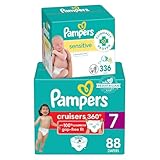 Diapers Size 7, 88 Count and Baby Wipes - Pampers Pull On Cruisers 360° Fit Baby Diapers with Stretchy Waistband, ONE MONTH SUPPLY with Sensitive Wipes, 6X Pop-Tops, 336 Count (Packaging May Vary)