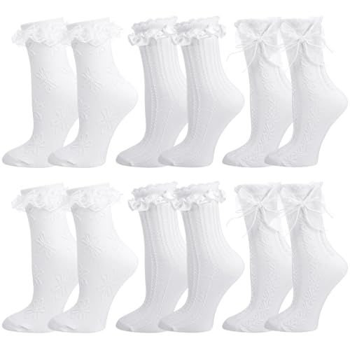 Image of Jspupifip 6 Pairs Lace Ruffle Frilly Crew Socks for Women Girls | Cotton Breathable Cute Princess Ankle Dress Lace Socks Thin Cool Casual Socks
