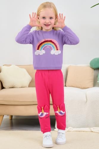 Image of Little Girls 2 Piece Outfits Ruffle Sleeve Unicorn Sweatshirts Top and Leggings Set School Outfits Kids Clothing Set
