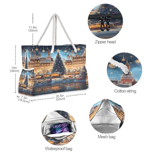 Large Beach Bags Totes Canvas Tote Shoulder Bag Deer Snowflake Water Resistant Bags for Gym Travel Daily4