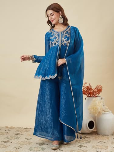 Image of MOKOSH Women's Silk Embroidered Peplum Kurta Sharara with Dupatta | Kurta Set | Ethnic Wear |Round Neck Full Sleeve Kurta | 3 Piece Outfit |Embroidered