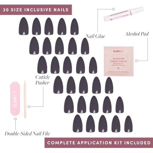 Glamnetic Press On Nails - Ash Gray | Opaque Muted Smoke Gray Short Almond Fake Nails, Salon Quality | 15 Sizes - 30 Nail Kit