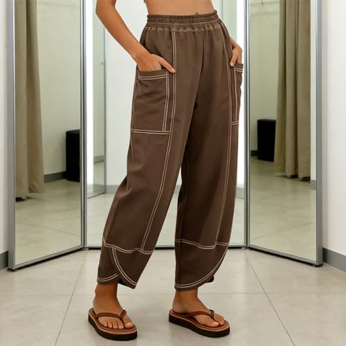 Women's Harem Pants Cotton Linen Baggy Boho Summer Pants High Waisted Loose Fit Joggers for Travel Vacation Trousers Coffee