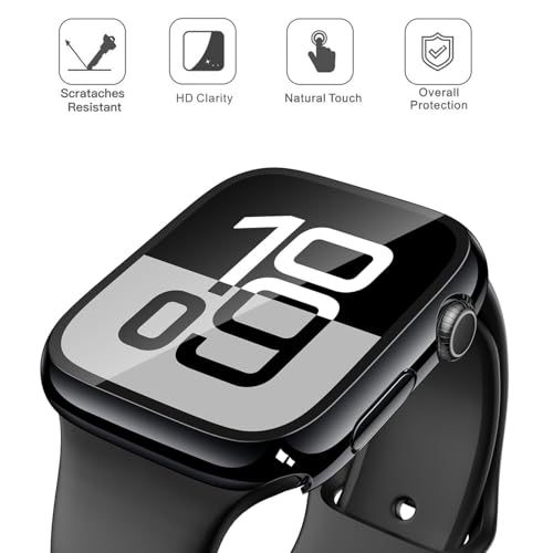 Image of VEMIGON Tempered Glass Case Compatible for Apple Watch Series 11 / Series 10 42mm, Hard PC Screen Protector Overall Protection Ultra-Thin Lightweight Scratch-Resistant Cover for iWatch, Jet Black