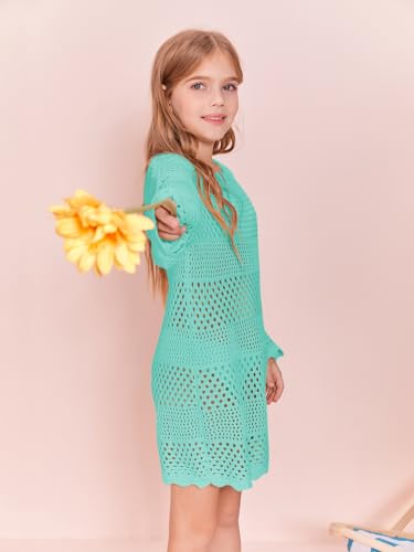 Image of Batermoon Girls Crochet Long Sleeve Swimsuit Cover Up Kids Fashion Hollow Out Swimwear Beach Dress 5-14 Years