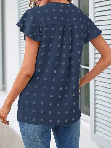 MEROKEETY Women 2025 Summer V Neck Ruffle Short Sleeve Blouse Swiss Dot Flowy Shirt Tunic Top4
