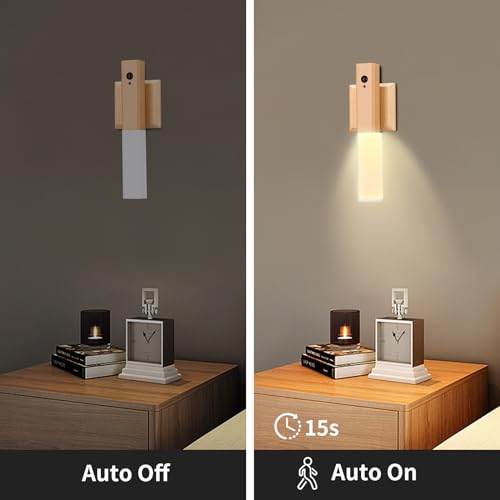 Image of Rechargeable Wall Sconce Magnetic, Torch Night Light Portable Wall Light Wireless Wall Sconces LED Wood Magnetic Wall Lamp Motion Sensor, Rechargeable Wall Sconces Set of 2 (Light-Colored)