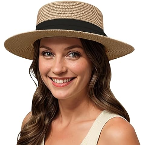 Lanzom UPF50+ Women Wide Brim Straw Panama Sun Hat Boater Summer Beach Sun Hat (Khaki) Cover