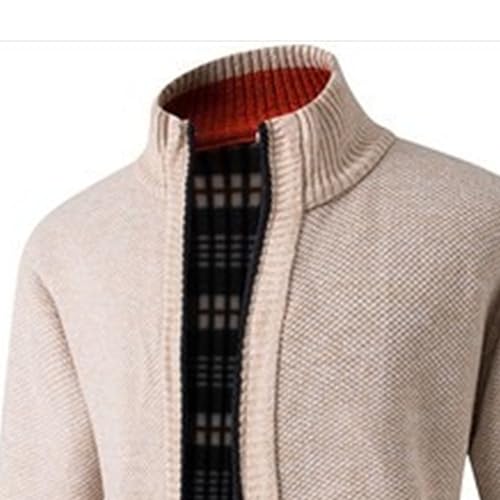 Men's Slim Fit Zipped Knitted Cardigan Classic Casual Long Sleeve Stand Collar Sweater Fleece Lined Warm Outwear (Apricot1,3X-Large)2