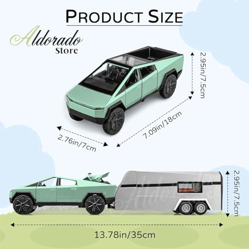 Image of 1:32 Tesla Cybertruck with Pickup Trailer Alloy Car Model Scale Diecast Metal Off-Road Vehicles Truck Model Sound and Light Kids (Green)