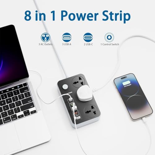 Image of Extension Board with 3 Universal Sockets, 4 USB Ports & 2 Type-C Ports | 2500W 10A Power Strip | Heavy Duty 3 Pin Plug | Master Switch | Multi Plug Extension Board for Home, Office & Travel