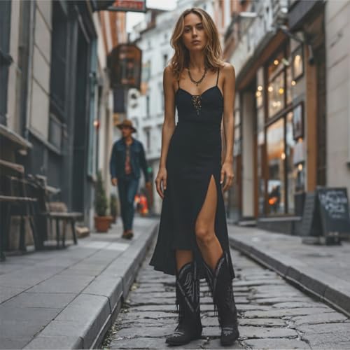 Image of Cowgirl Boots for Women Retro Pointed Toe Pull On Block Chunky Heel Embroide Tassel Country Concert Outfits Mid Calf Western Fringe Cowboy Boots