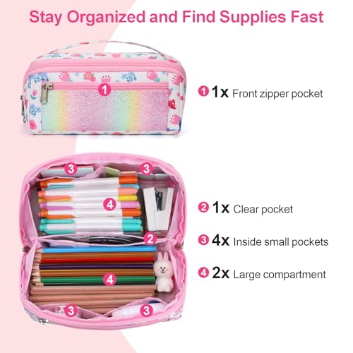 Image of Pencil Case for Girls, Durable Kids Pencil Pouch for School, Wide Opening Soft Bag with Handle, Fits 50 Pens & Markers (Floral Butterfly)
