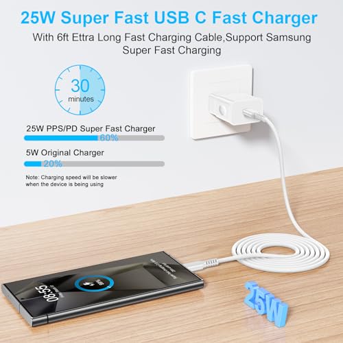 25W Samsung Super Fast Charger for Samsung Galaxy A14 5g A15 5G A13 A53 A54 A55 A03s S24 Ultra S23 FE S22 S21 S20 A12 A25 A35 A04s Z Flip5, USB C Wall Charger Fast Charging Block with 6FT Type C Cable