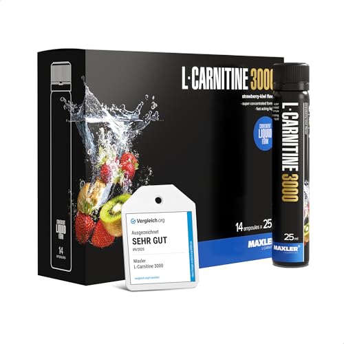 Maxler L-Carnitine 3000 - Erdbeere-Kiwi - 14x25ml - Hochdosiertes L Carnitin Liquid - Vegane Nahrungsergänzuing - 3000mg Wirksotff pro Portion - 14 Portionen