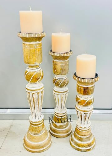 Pillar Candle Holders- Rustic White Hand Carved Mango Wood Candle Holders for Pillar Candles in Home, Living Room, Kitchen or Table Centerpiece Set of 3 Candlestick Holders- 13