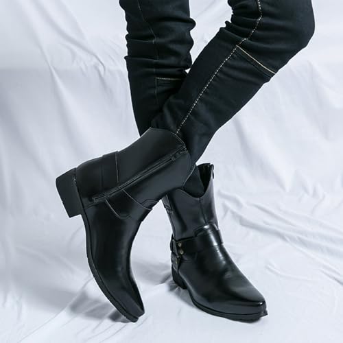 Image of Men's Western Cowboy Boots - Fashion Pointed Toe Chunky Low Heel Belt Buckle Side Zipper Ankle Retro Classic Anti-Slip Short Boots