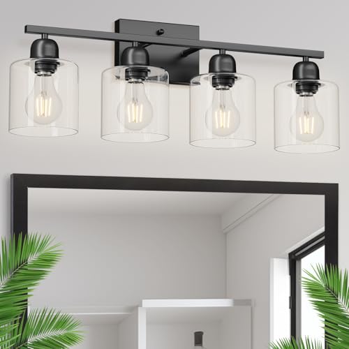 Image of Modern 4 Light Bathroom Light Fixtures, 24 inch Black Vanity Lights for Bathroom with Clear Glass, Bathroom Vanity Light for Mirror Kitchen Living Room Hallway Cabinet Porch