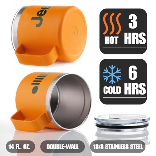 Jeep Stainless Steel Camper Mug 14oz with FREE Sticker Pack - Double Wall Copper Insulated for Hot & Cold Drinks, Powder Coated, Splash Resistant Lid (Orange) - Image 4