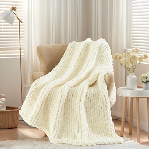 Chunky Knit Throw Blanket for Couch, 60x80 inches, 100% Hand Knitted with Thick Jumbo Chenille Yarn, Cozy Soft Large Rope Knot Cable Crochet Blankets for Sofa Bed Living Room, Beige