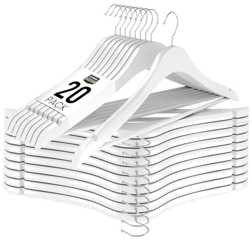 Utopia Home Paquete de 20 Perchas de Madera con Barra para Pantalones y Ranuras para los Hombros, Diseño Robusto y Delgado para Abrigos, Trajes, Pantalones y Chaquetas, Blanco
