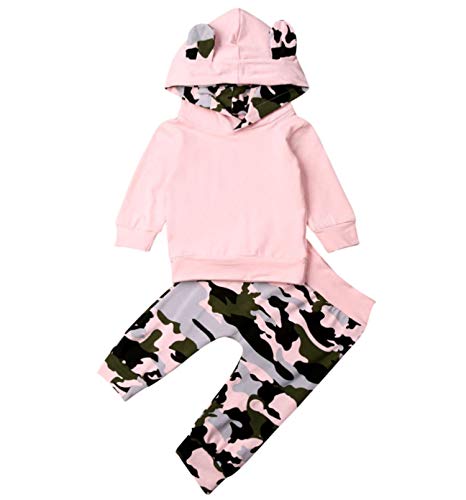 Baby Girls Solid Color Hooded Sweatshirt With Ear Pullover Sweater Camouflage Pant Leggings Tracksuit Outfits (0-6M, B-Pink) #TOP21