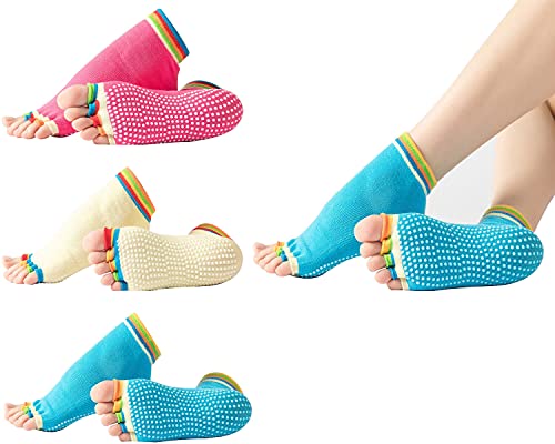 Tintao 3 Pairs Yoga Socks For Women Non Slip Non-Slip Five Toe Socks For Pilates, Barre, Ballet, Fitness,Y10 (Hp+Bl+Yl) #TOP6