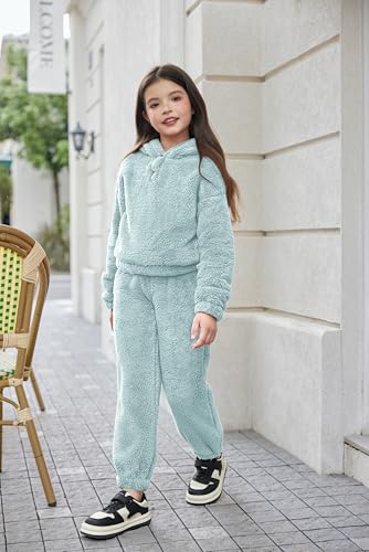 Image of Arshiner Girls 2 Piece Outfits Sweatsuit Fuzzy Long Sleeve Bear Ear Hoodie Sweatshirt and Sweatpant Kids Clothing Sets