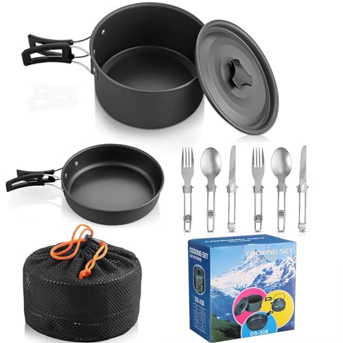 HOMGEN Camping Geschirr Set Camping Kochgeschirr Set Aluminium für 1-2 Personen mit Campingtopf und Pfanne Faltbare Besteck für Outdoor BBQ Wandern Picknick