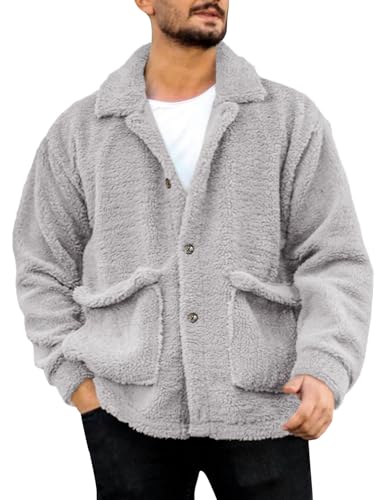 Runcati Mens Fuzzy Sherpa Jacket Fleece Long Sleeve Button Down Coat Fall Winter Warm Outwear