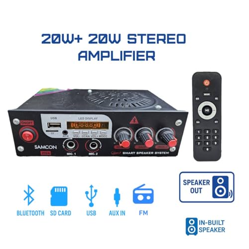 Image of BNT Samcon Stereo Amplifier with Bluetooth, Dual Mic Input, USB, SD Card, FM Radio, Remote Control, in-bullt Speaker, 20W+20W