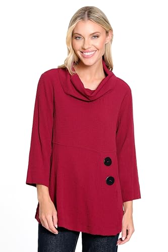 Image of Ali Miles Women's Woven Pucker Fabric Tunic Cowl Neck Button Details