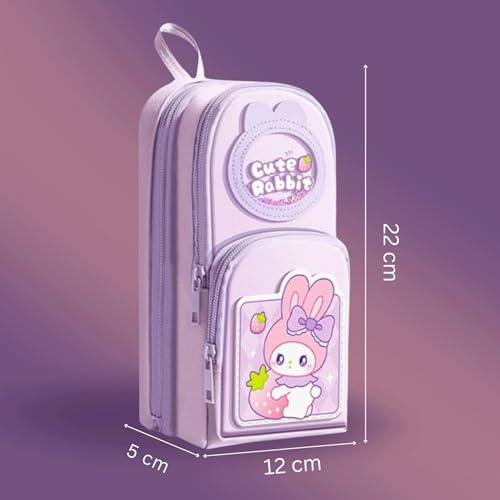 Image of Famyo Cute Pink Rabbit Pencil Pouch for Girls | Aesthetic Pencil Box for Kids | School Stationery Case & Cute Stationery Item with 3 Compartments | Pen Pouch Bag