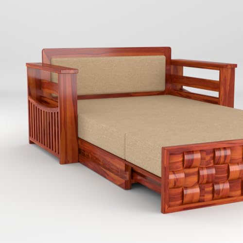 Image of Solid Sheesham Wood Sofa Cums Bed with Mattress & Storage | Rosewood Convertible Sofa Bed for Living Room & Bedroom (Niwar-Honey Finish, 2 Seater)