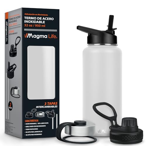 El Mejor Listado de Termo para agua comprados en linea. 41 Magma Life Termo de Acero Inoxidable para Café y Agua 950 ml (32 oz): Contiene 3 Tapas para Diferentes tipos de Bebidas, Ideal para Mantener la Temperatura Deseada (Blanco)