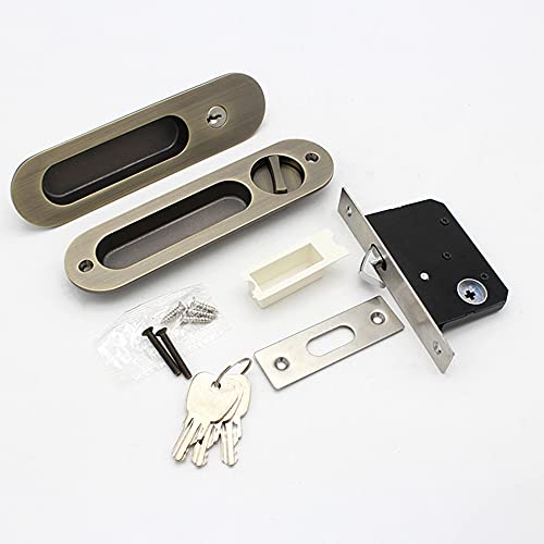 Cerradura para puerta corredera de bolsillo de 6,8 pulgadas, manija invisible con llaves, manija empotrada para muebles de puertas deslizantes, acabado bronce miniatura 2