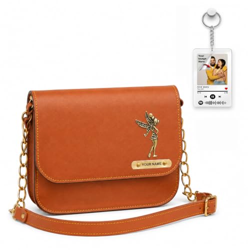 Image of SAVRI Personalized Rakhi Gift for Sister | Customized Leather Sling Bag with Name & Charm and Spotify Photo Keychain with Favourite Song, Personalised Gift Combo for Sister, Behan, Didi- Bro Sis Gift
