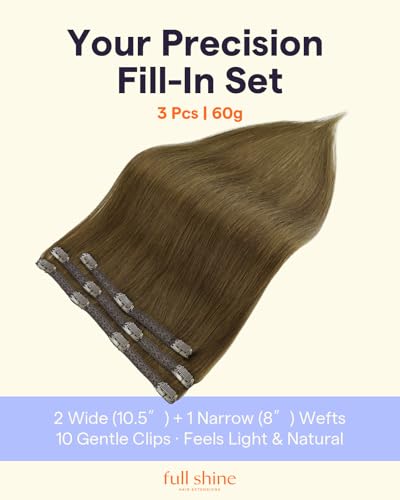 Image of Full Shine Medium Brown Clip in Extensions Human Hair | Clip in Brown Hair Extensions, Smooth Blend, for Work, 14 Inch 3 Pcs 60g