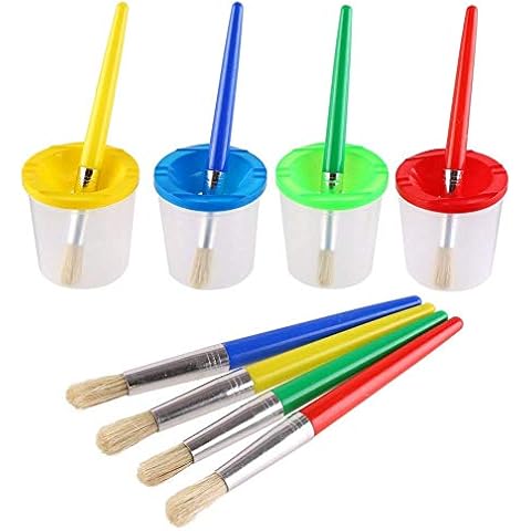 VEYLIN 4 Pcs Spill Proof Paint Cups and 4 Color Hog Bristle Paint Brushes with Handles for Kids Cover